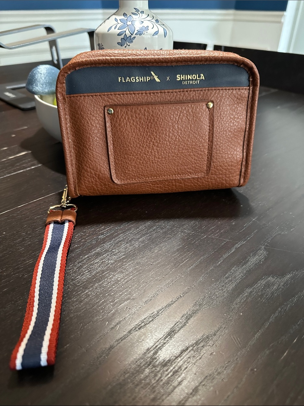 Shinola Brown Pebbled Leather Toiletry Wristlet with Navy Trim